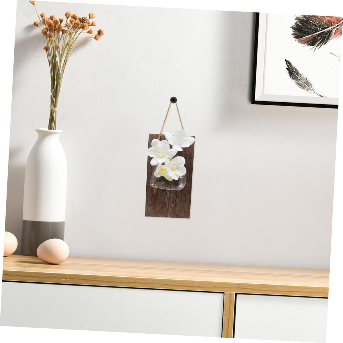 Anneome 1set Hydroponic Flower Vase Wooden Stand for Desktop Decor Wall Hanging Glass Planter for Indoor Plants for Home Office and Terrarium Arrangement