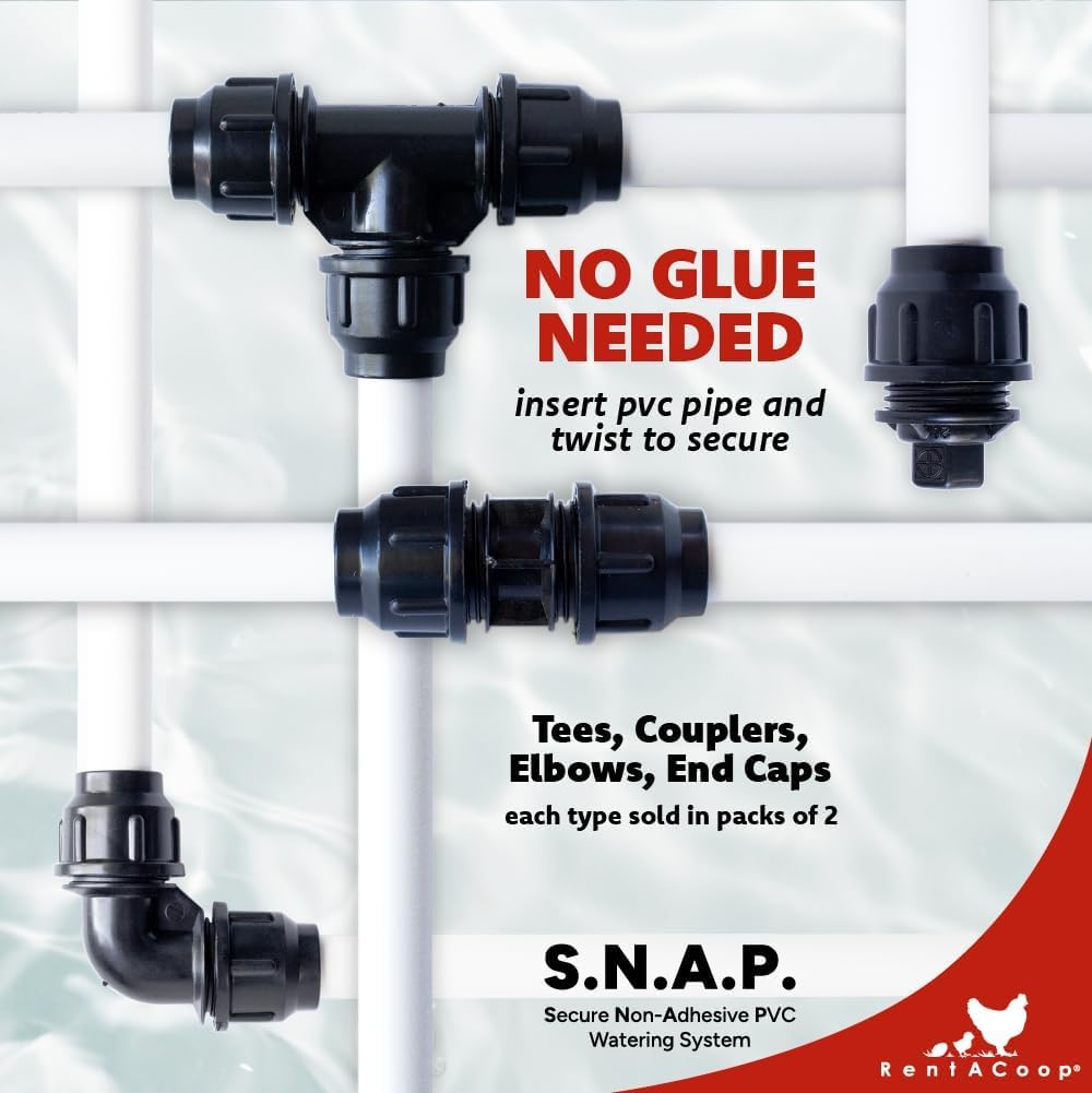 RentACoop Secure Non-Adhesive PVC (S.N.A.P) Watering System for 1/2" Schedule 40 PVC Pipe - Elbow Pack of 2 for Chickens, Quail, and Poultry