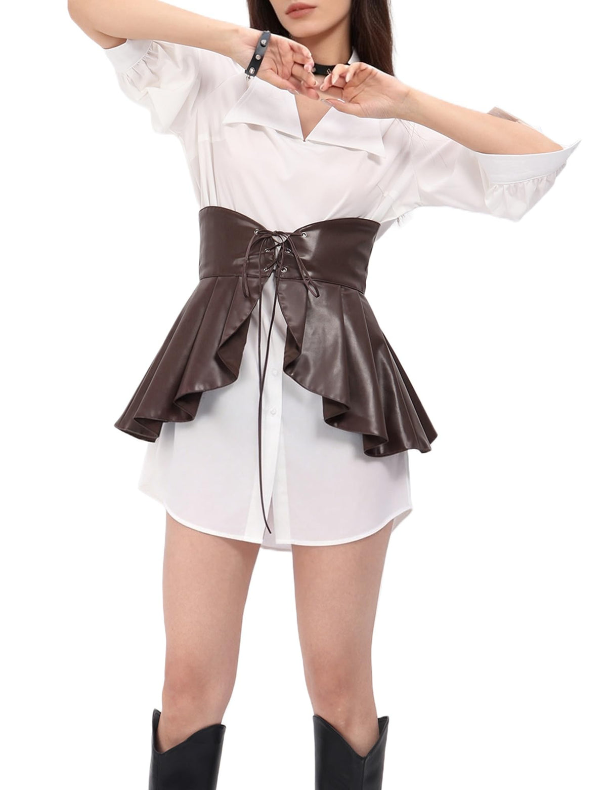 DAZCOS Gothic Retro Faux Leather Waist with Ruffle Adjustable Corset for Lolita Dark Style Dresses (US, Alpha, Large, Regular, Regular, Brown)