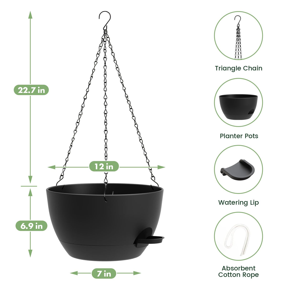 AHJZO 2 Pack 12 Hanging Flower Pots with Chains Self Watering Plastic Planters for Indoor Outdoor Plants, Sturdy Triangular Iron Chain Design for Garden PorchPlastic Hanging Flower pots (2, Black)