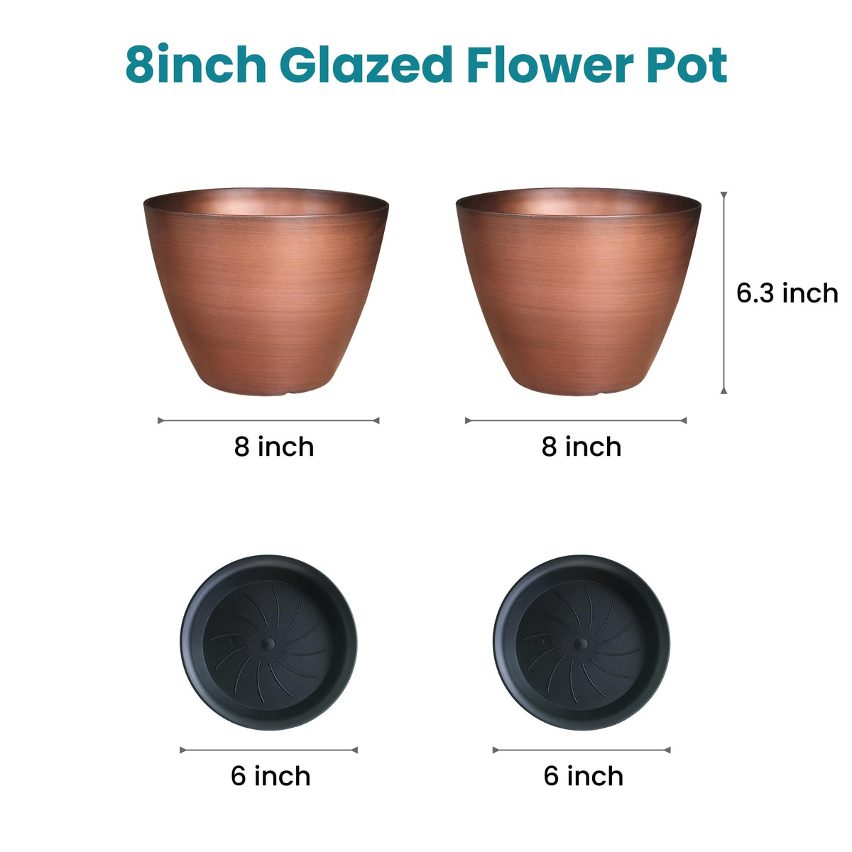 Vanslogreen 2 Pack Plastic Plant Pots with Drainage Holes, 8 inch Planter for Indoor Outdoor Plant, Garden Flower Pots for Aloe, Herbs, Cactus (Brushed Copper, 2pcs)