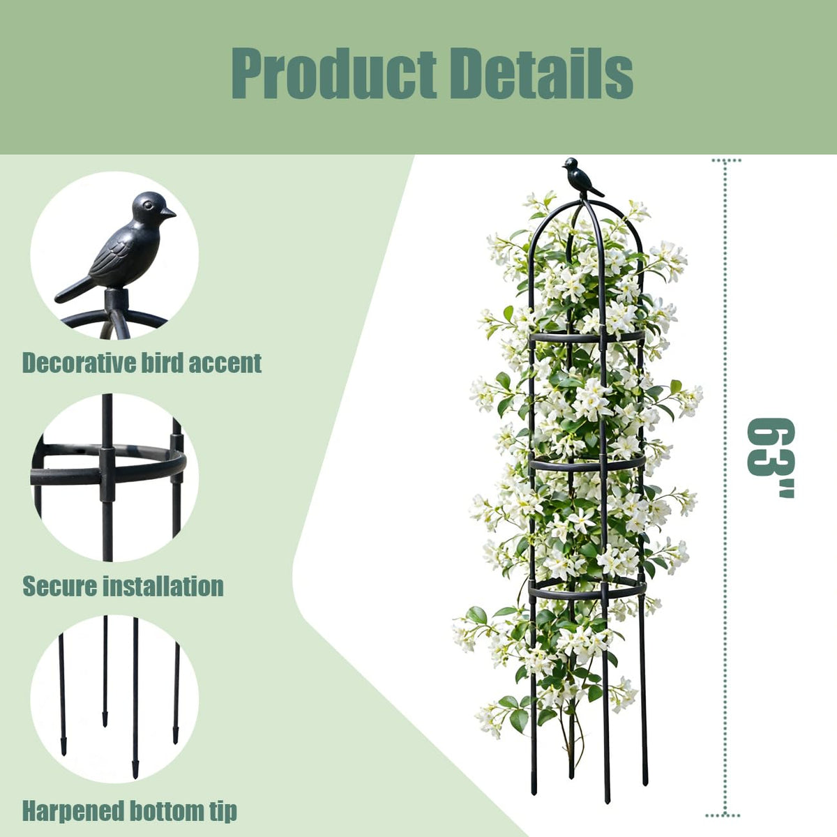 Garden Trellis, 63" Plant Support with Bird Decoration, Plant Trellis for Climbing Vines,Black Decorative Garden Cage for Climbing Roses, Clematis, Vegetables in Patio & Yard-1PACK