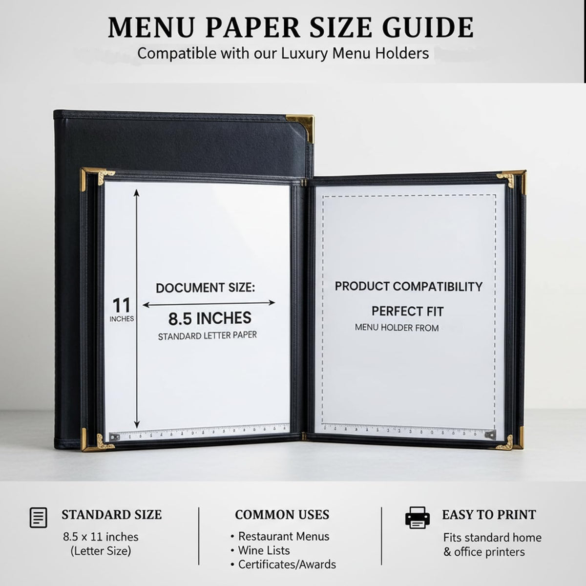 Restaurant Menu Covers 8.5×11 – 8 Page 16 View Menu Sleeve, Premium Black Faux Leather, Waterproof Durable Menu Holder for Bar Cafe Hotel, 2 Pack