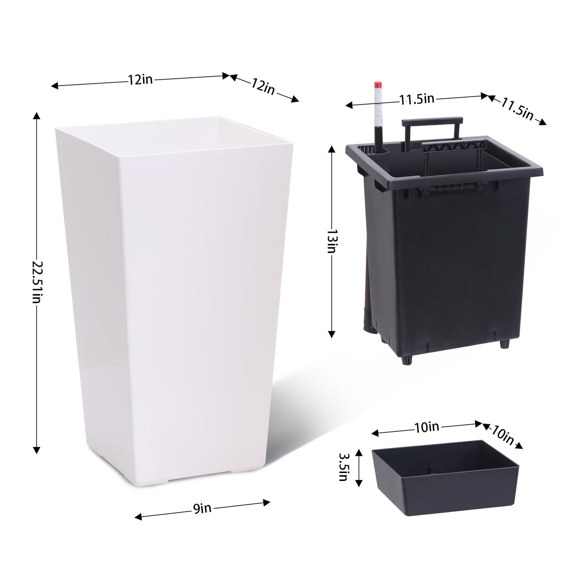 Garvee 22.5" Tall Planters Set of 2, Outdoor＆Indoor Black Planter Pots, High Front Porch Planter Pots with Drainage Holes＆Water Level Monitor＆Inner Bucket,White