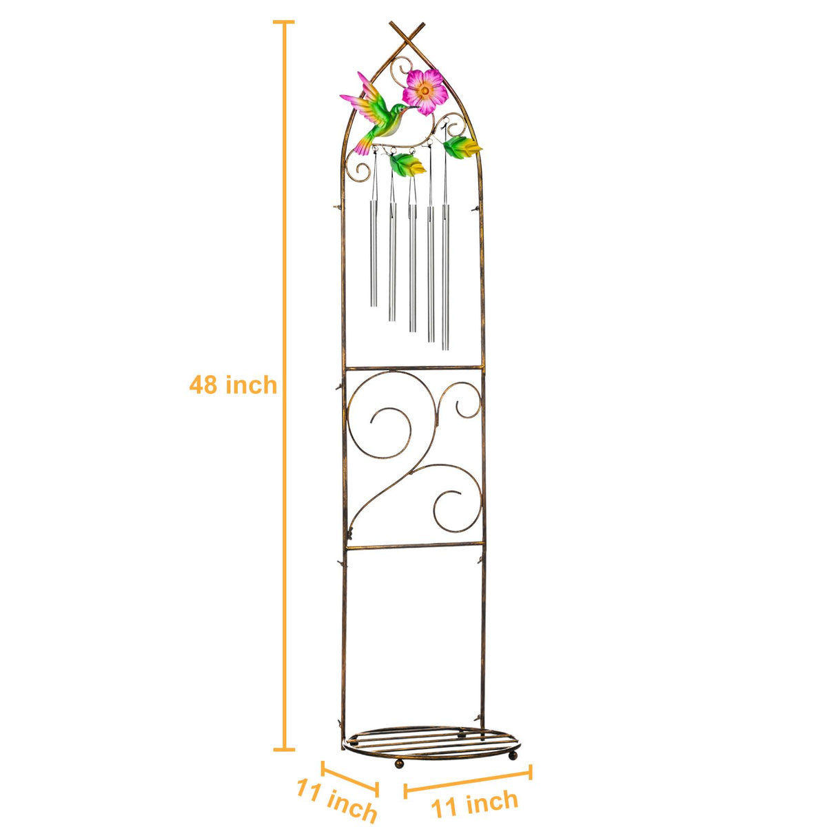 Garden Trellis with Plant Stands, 48” Metal Detachable Hummingbird Plant Pot Trellis with Wind Chimes for Climbing Plants Outdoor Lawn Patio Porches Decor