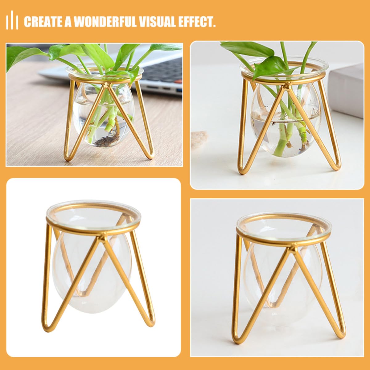 FELTECHELECTR Glass Vase with Metal Stand, Hydroponic Flower Holder Bulb Planter for Home Decor, Small Gold Desktop Plant Terrarium for Indoor Floral Display