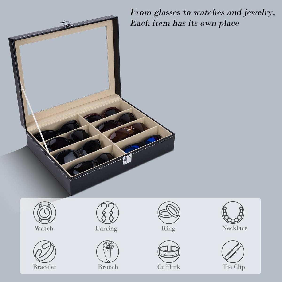 AUTOARK Leather 8 Piece Eyeglasses Storage and Sunglass Glasses Display Case Organizer,Black,AW-022