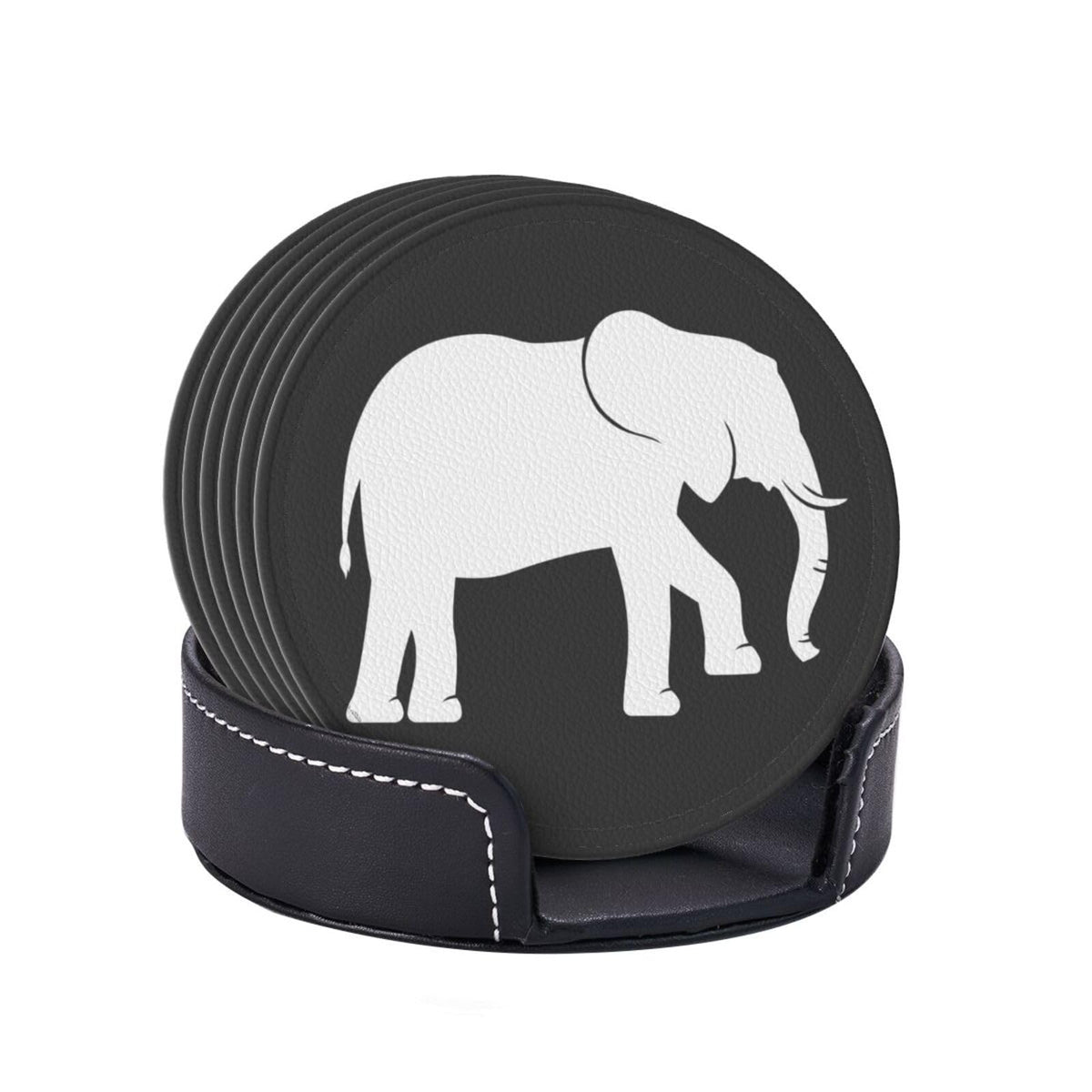 Black and White Elephant Leather Drink Coasters Set of 6 with Holder Round Cup Coaster for Table Decor
