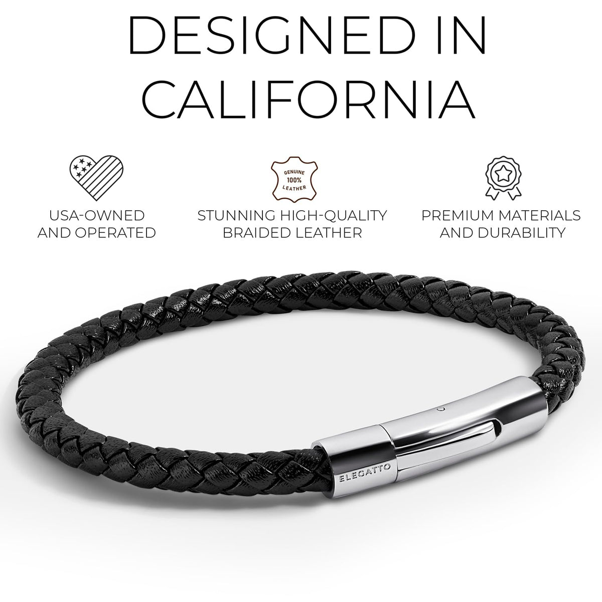 Elegatto Elagio Premium Braided Leather Bracelet for Men | Full-Grain Braided Leather with Sterling Silver Polished Stainless Steel Clasp | Men’s Designer Bracelets | Medium