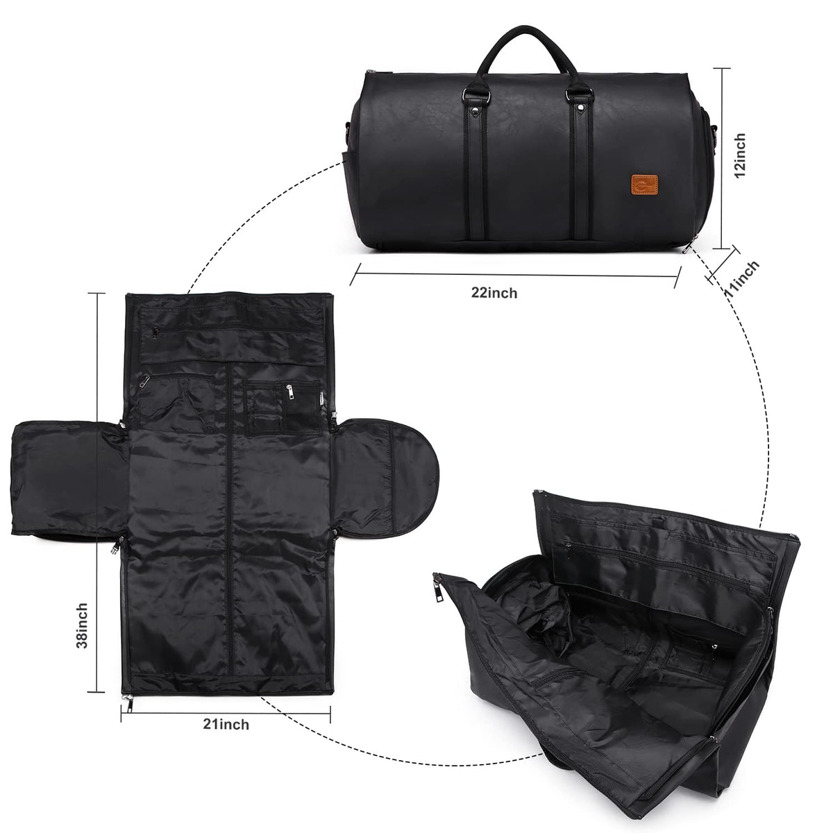 Carry On Garment Backpack, 3 in 1 Waterproof Mens Garment Bag for Travel Business, Leather Duffel Bag with Shoe Compartment -Black