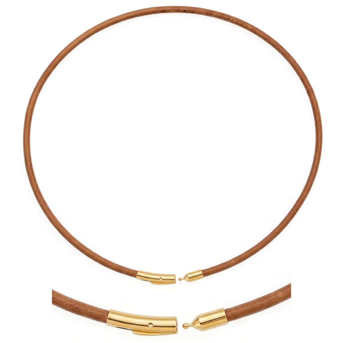Leporem 2-WAY Genuine Brown Leather Cord Choker Necklace and Wrap Bracelet 18K Gold Plated Push-Lock Clasp Multi-Wear Jewelry (Brown, 14 Inch)
