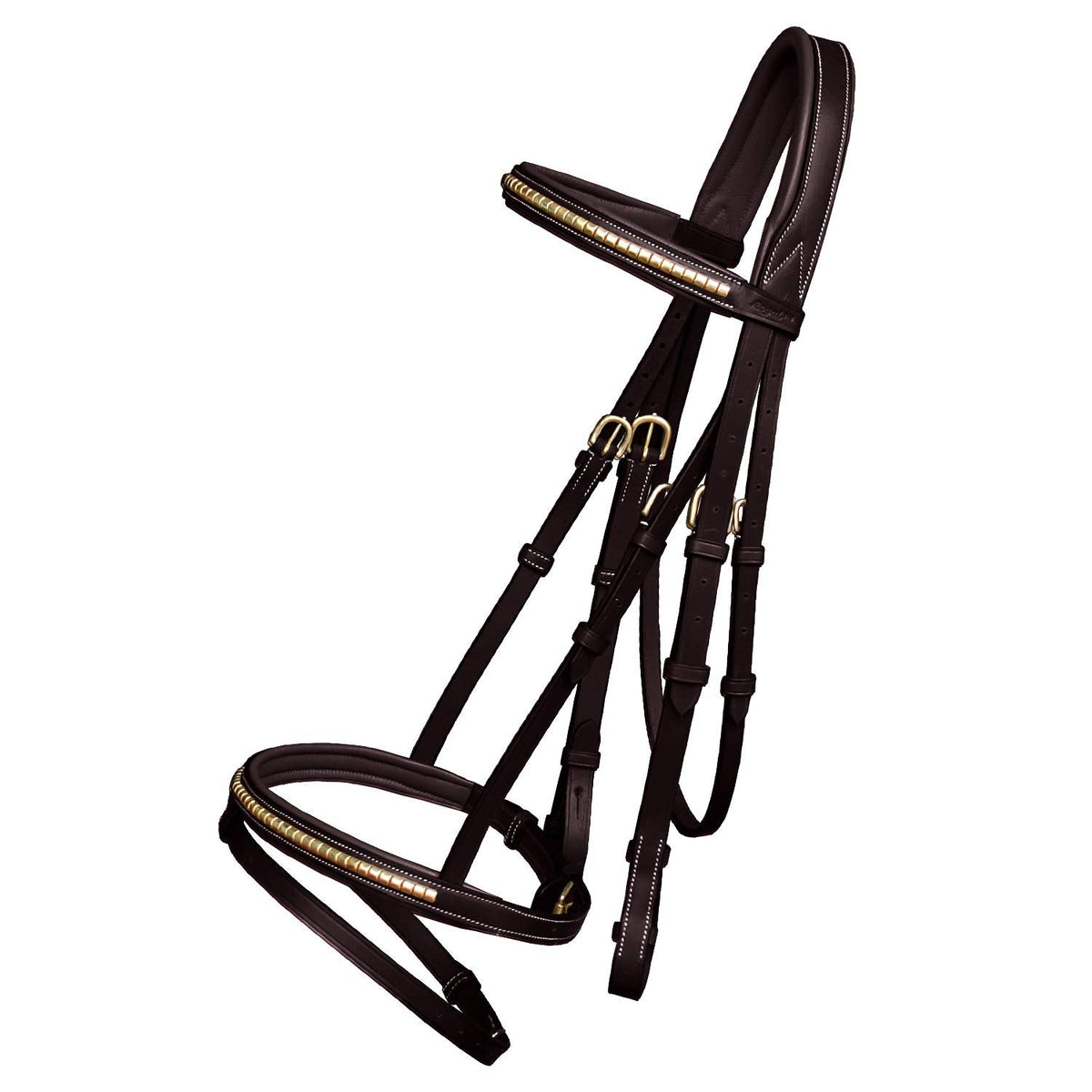 ExionPro English Jumping Bridle with Flash – Soft Lined Crownpiece, Brass Clincher Studded Browband, Flash Noseband, Rubber Reins – Black & Brown – Premium Vegetable-Tanned Leather