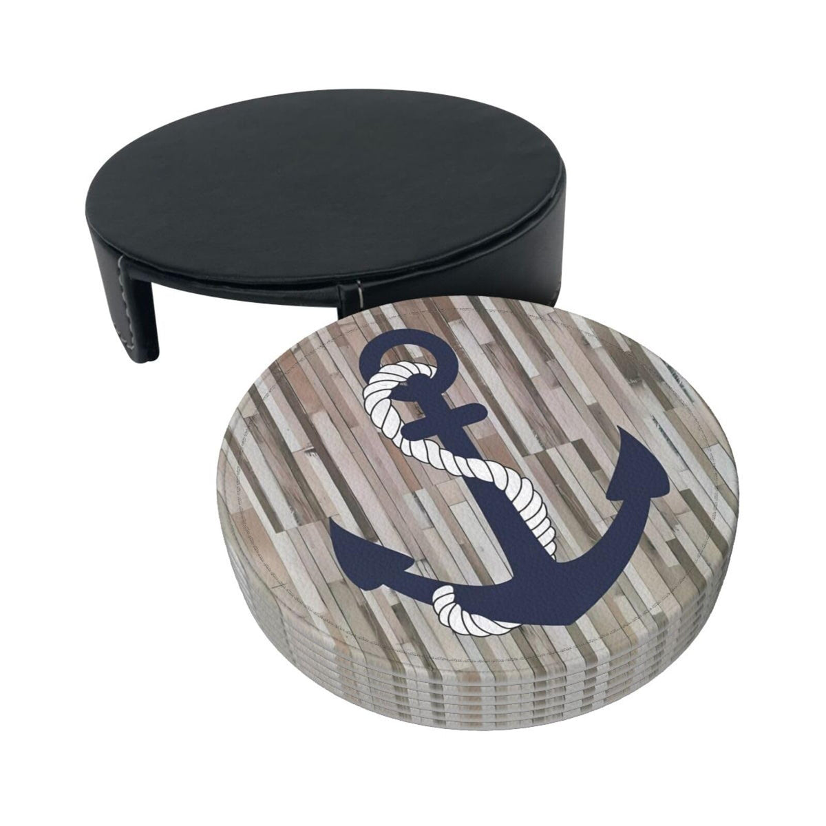 Nautical Navy Blue Anchor Wood Plank Premium Leather Coasters - Set of 6 with Holder, Stylish Beverage Coasters for Kitchen, Coffee and Home Decor