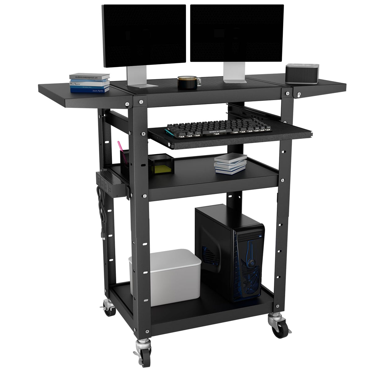 Mobile AV Cart with Pullout Keyboard Tray, Rolling Computer Cart Height Adjustable Rolling Media Utility Cart with 4 Wheels, 4 Outlets, Perfect for Home or Office Us