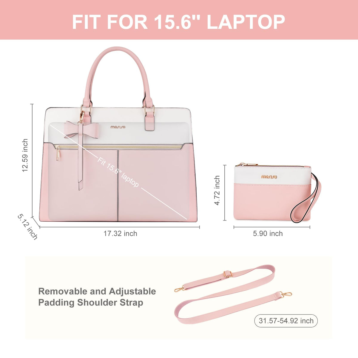MOSISO Laptop Tote Bag for Women, 15.6 inch Waterproof PU Leather Work Bag with Clutch Purse & Bowknot, Large Capacity Handbag Shoulder Computer Bags Work Briefcase for Business Teacher Office, Pink