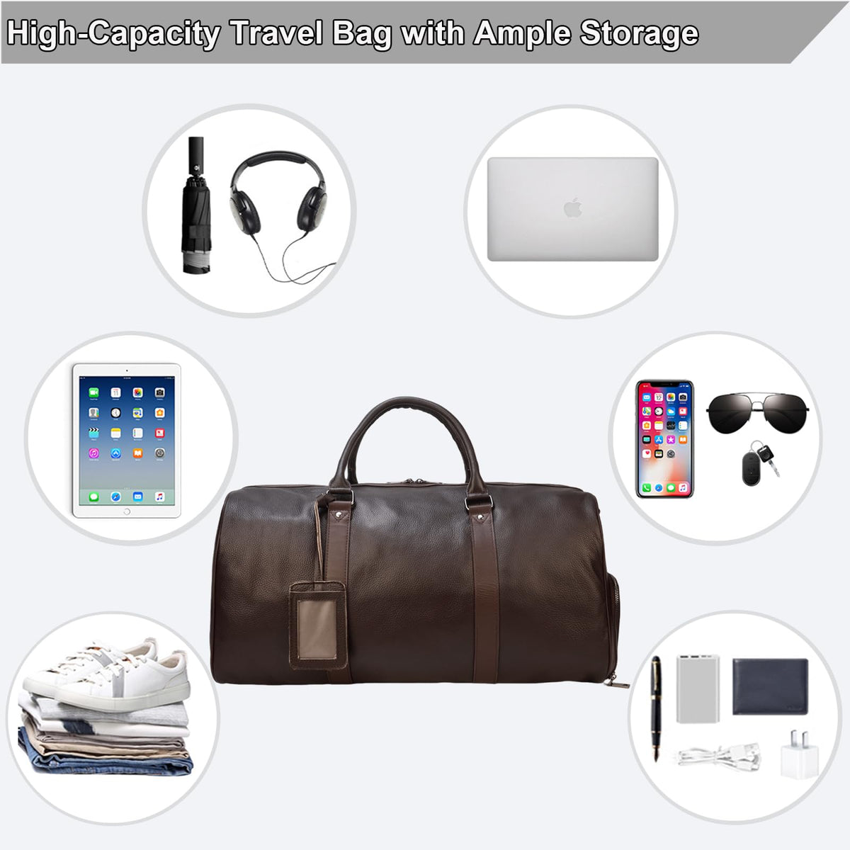 Yevabo Genuine Leather Duffel Bag for Men & Women, Cabin Friendly Carry-On Weekender Bag for Gym Travel Overnight Trips, Brown