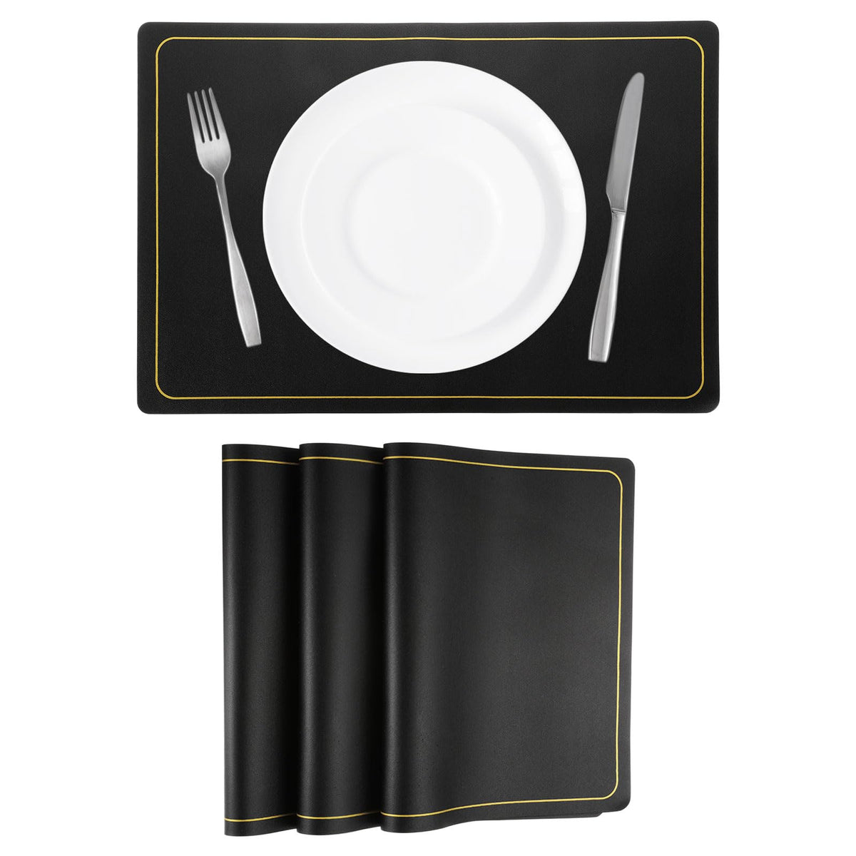 uxcell 4 Pcs Faux Leather Placemats, Black Gold Line, Heat Resistant, Waterproof, Oil Proof, Rectangle Table Mats (18 x 12 inches)