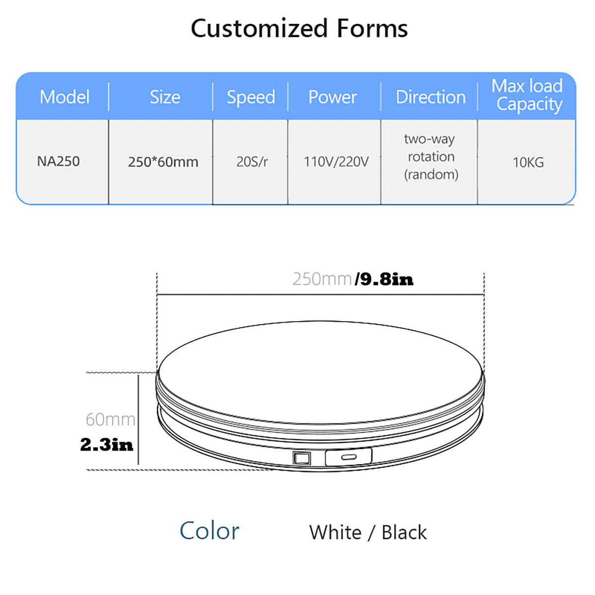 YVV Rotating Display Stand 9.84 Inch, 360° Motorized Turntable Display, USB Powered Spinning Display Platform for Product Photography, Jewelry, Shoes, 22 lbs Load, Black Electric Display Base