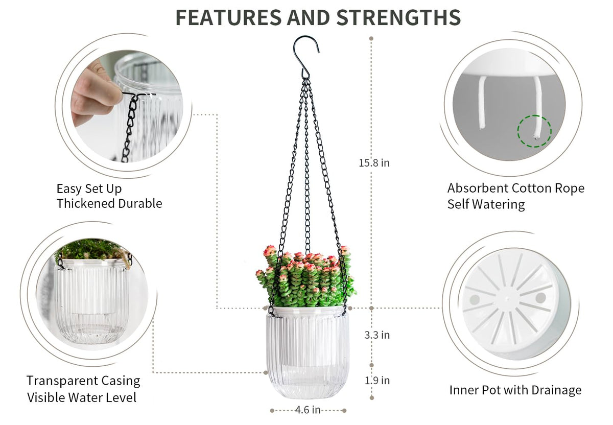 Josteve 4.5 Inch 2 Pcs Self Watering Hanging Planter Indoor Plant Pots Drainage Holes, Outdoor Small Hanging Planters Flower Pot Basket, Visible Water Level, Plant Hanger Home Decor, Gardening