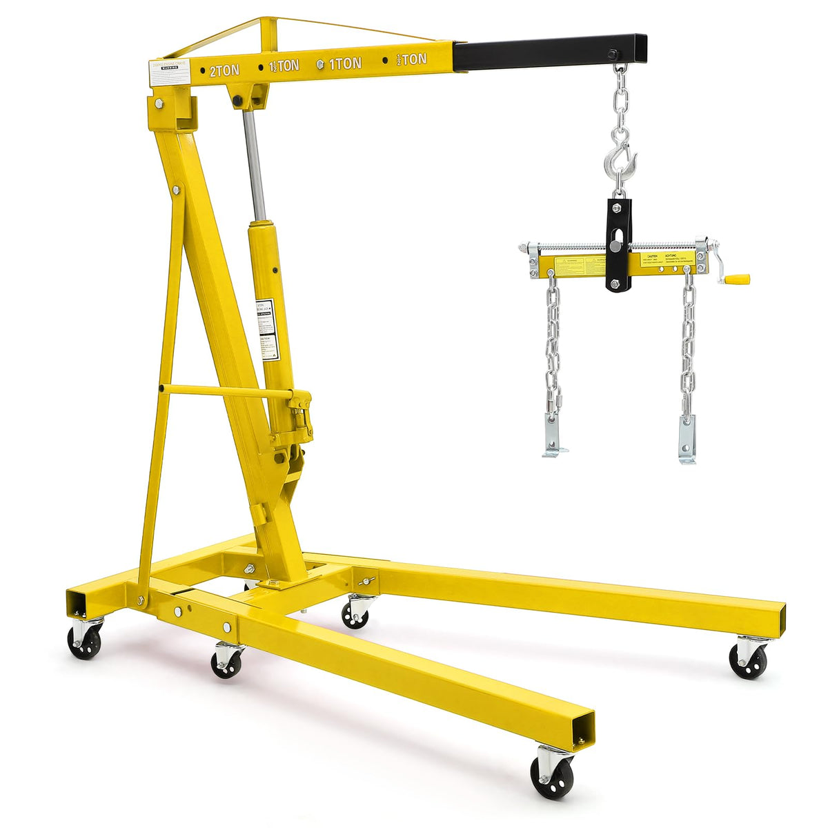 Garvee 2 Ton Folding Hydraulic Engine Hoist with Load Leveler 4400 LBS Capacity Heavy Duty Cherry Picker 6 Swivel Wheels&Hydraulic Pump Adjustable Boom (0.5T-2T) for Garage Workshop Warehouse Yellow