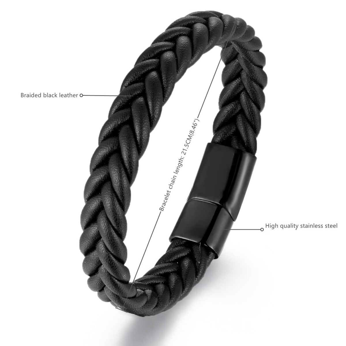 BIYONGDE Handmade Black Braided Leather Bracelet, Black Stainless Steel Clasp, Mens Cool Classic Stylish