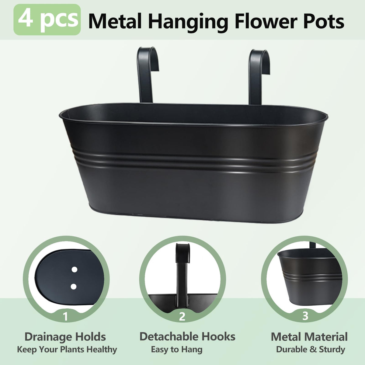 Venyat 16 Inch 4 PCS Metal Hanging Flower Pots for Railing Fence, Large Railing Planters for Outdoor Plants, Fence Hanging Planters with Detachable Hooks for Garden Balcony