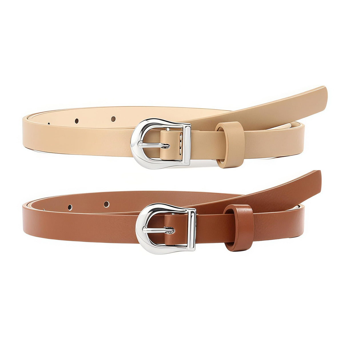 HOTWILL 4 Pack Women Skinny Belts for Jeans Dress Thin Waist Belt for Ladies Silver Buckle A Black Beige Brown White Medium