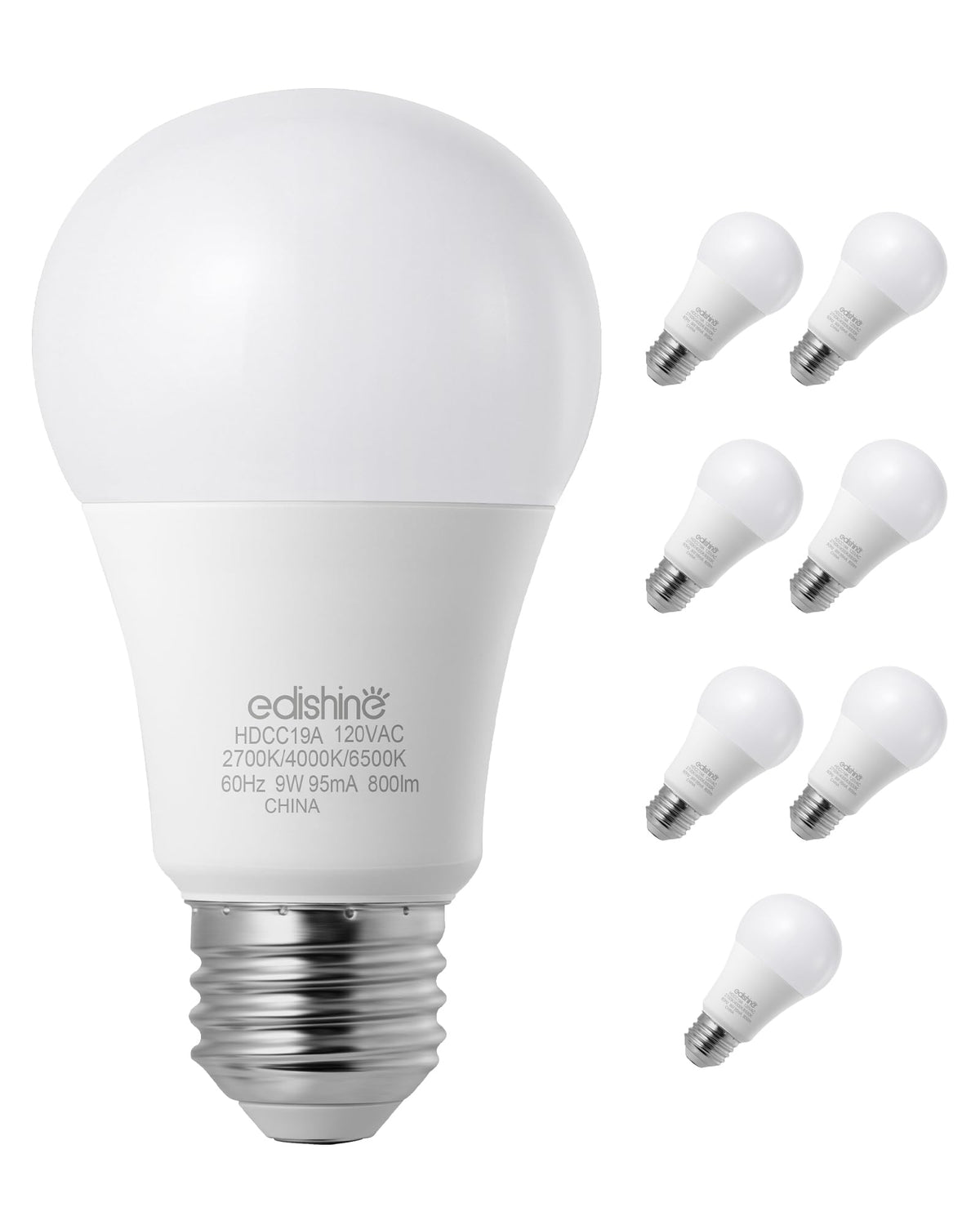 EDISHINE Dimmable LED Light Bulb 800LM 9W E26 Base 3 Color Temperatures 2700K/4000K/6500K Warm White 8 Pack