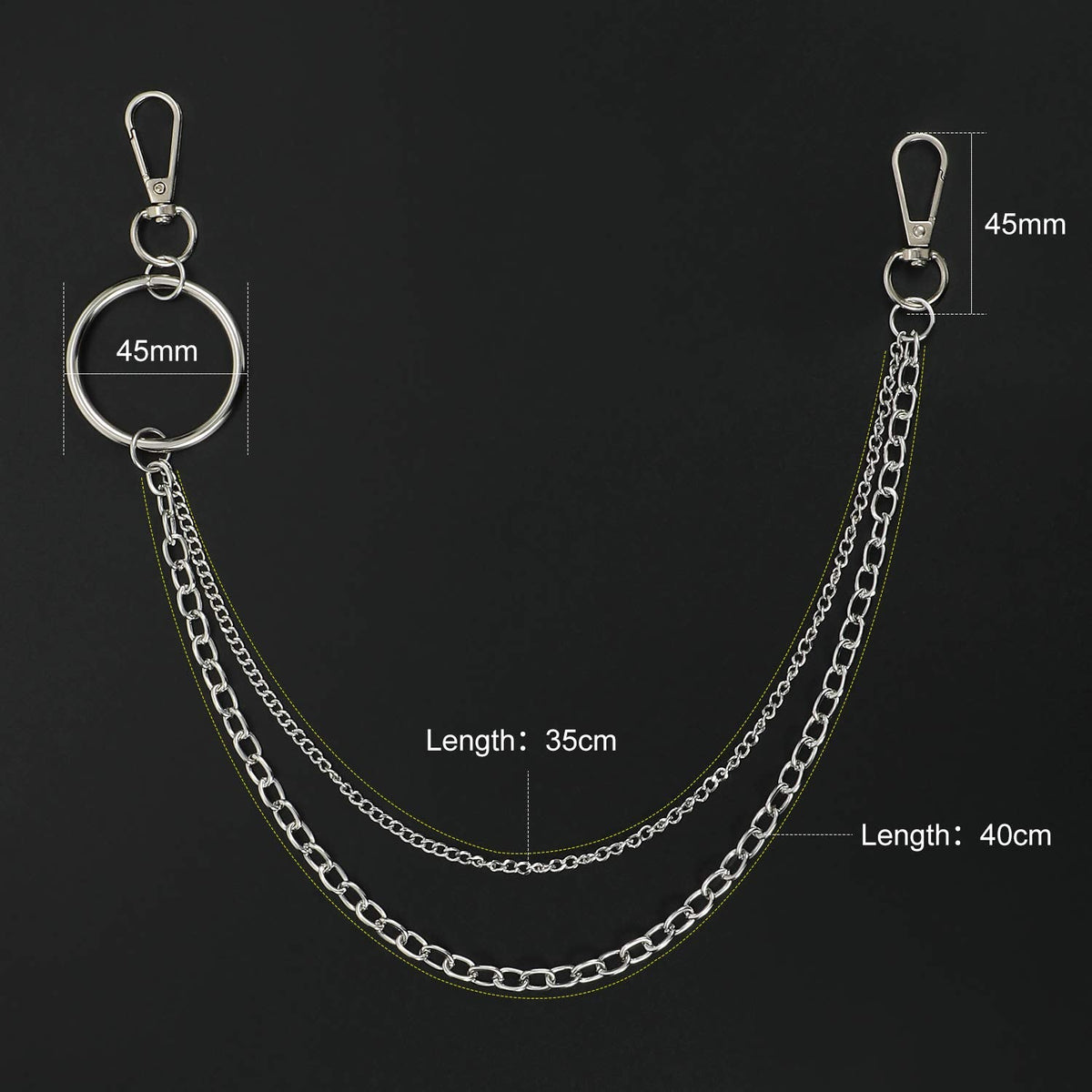 WHIPPY Double Grommet Belt with Chain for Women Men PU Leather Double Prong Buckle Punk Rock Jeans Waist Belts (Black, M)