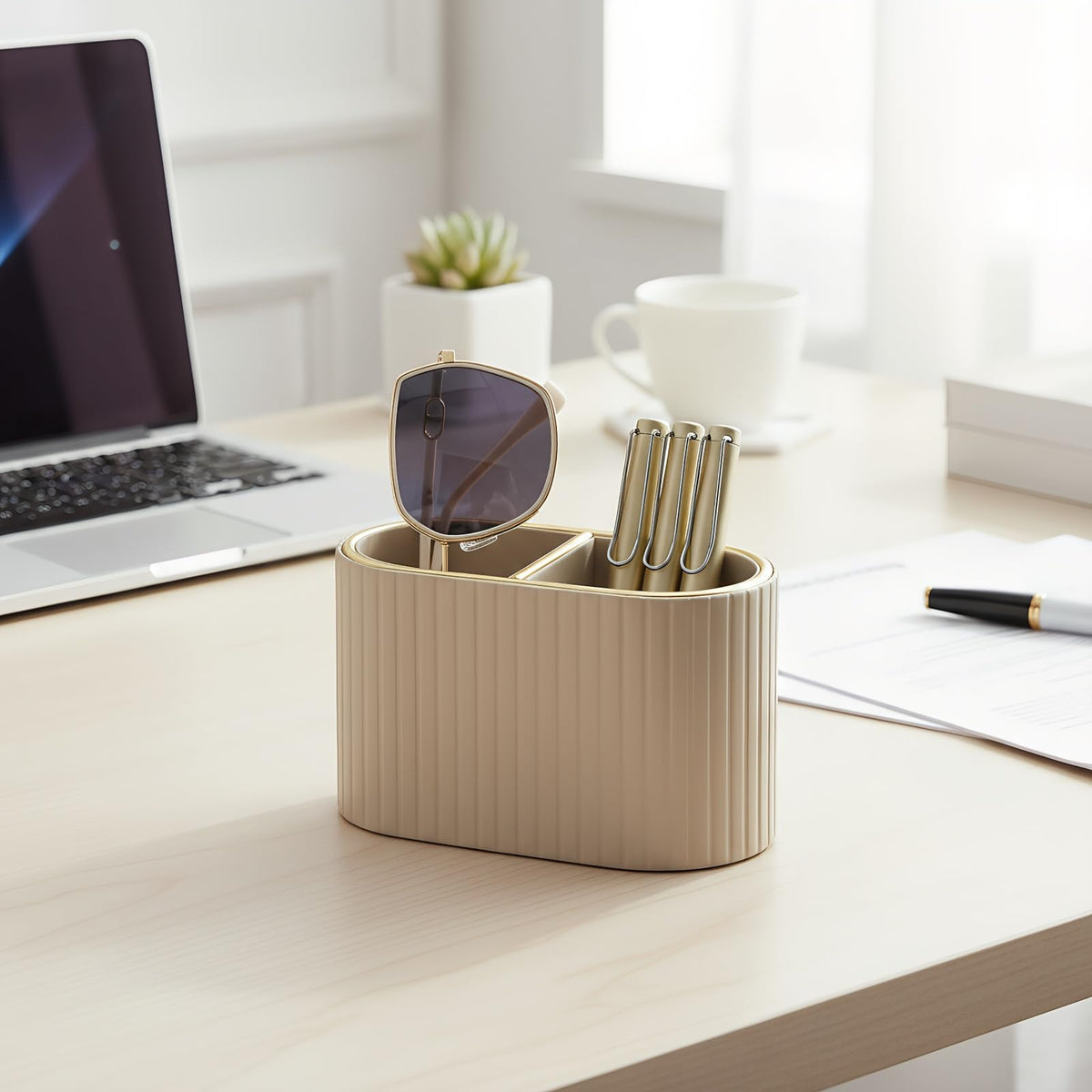 KINGFOM PU Leather Desk Organizer Pen Holder – Dual-Compartment Stylish Pencil Cup Remote Control Holder Desktop Supplies and Accessories Organizer Caddy for Office Home School (Mocha Beige)