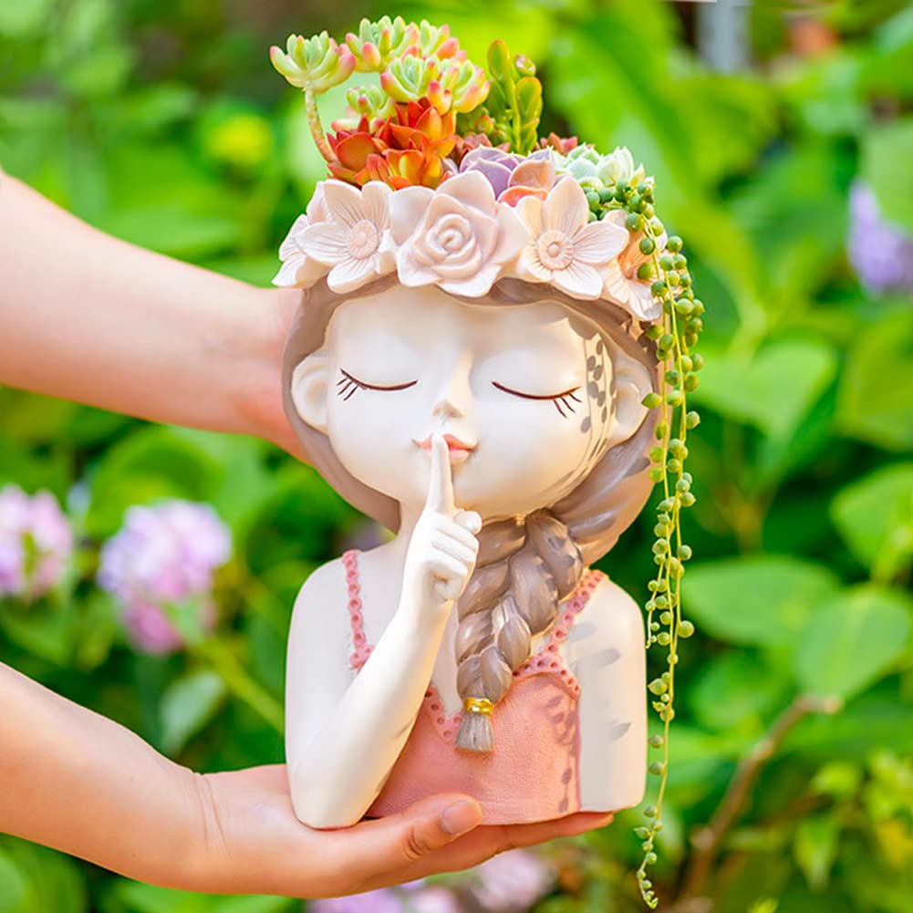 Cute Succulent Plant Pot with Drainage Hole large girl face planter pot big Resin lady head planter 11 inch tall flower vases for indoor and Outdoor plants fairy garden gift for female plants lover