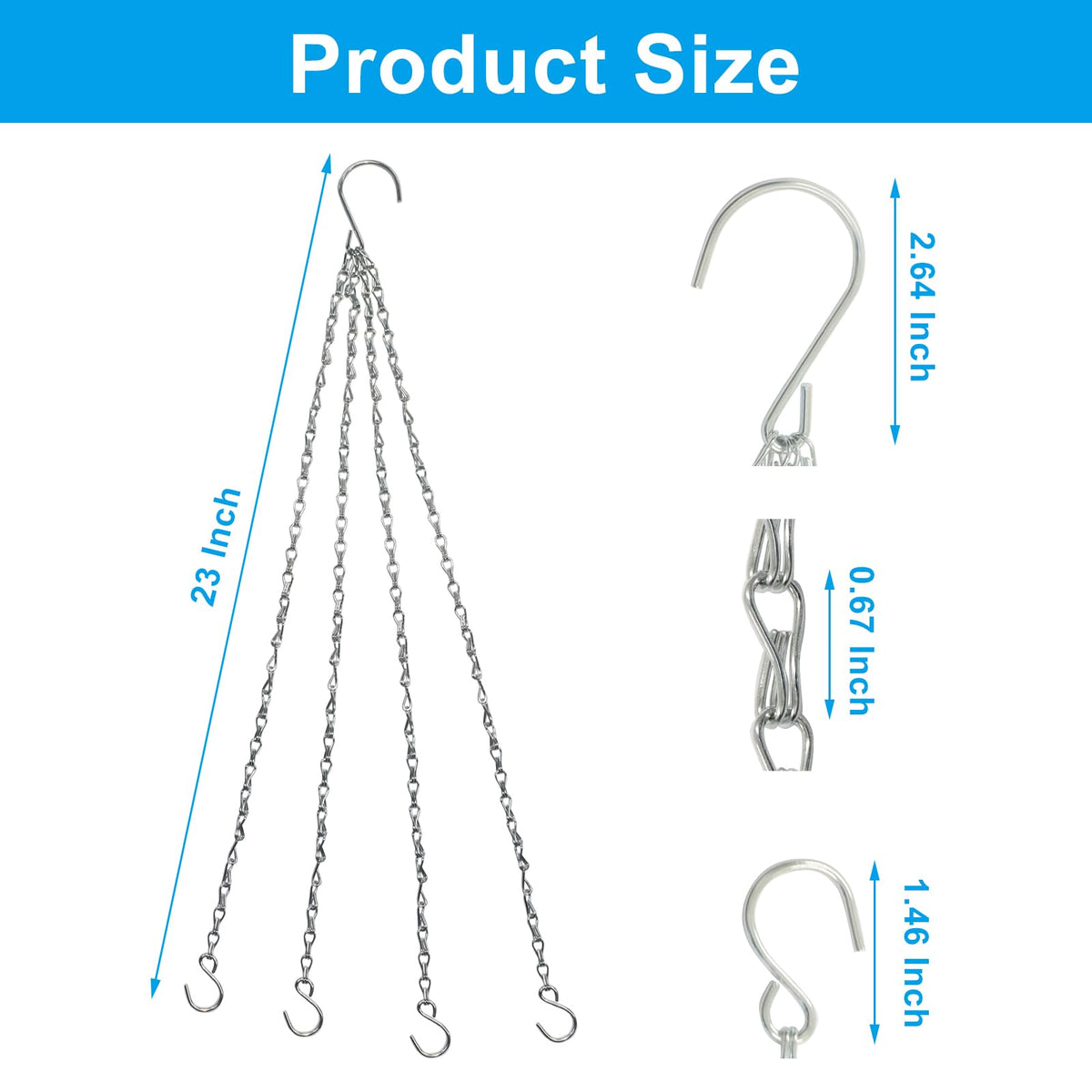 Zorfeter 3 Pack Silver Hanging Chains, Replacement Hooks Flower Pot Chains Plant Hangers, 23 Inch Hangers for Planters/Bird Feeders and Lanterns