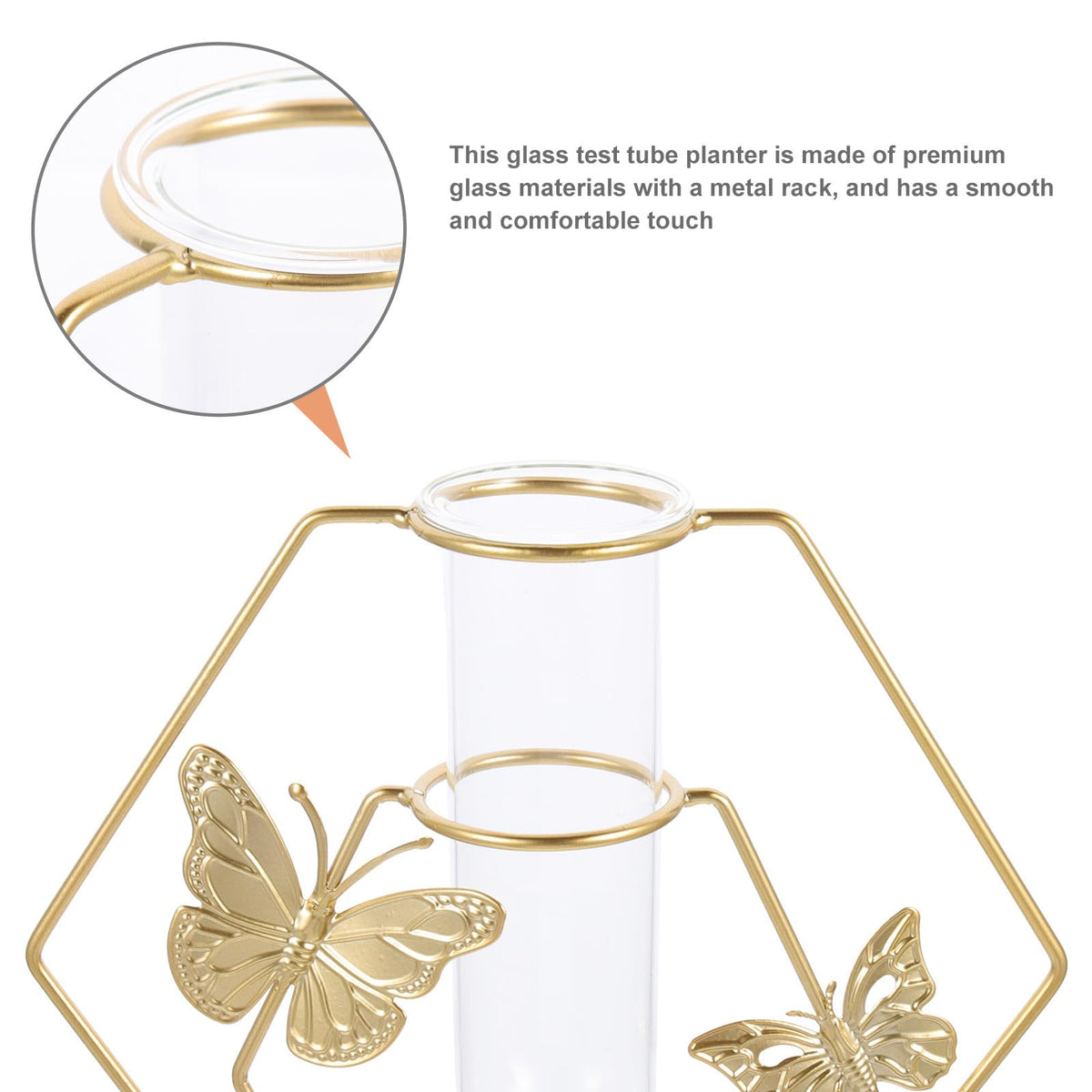 DECORNIJIA Metal Framed Glass Vase with Butterfly Pattern, Hexagonal Hydroponic Flower Pot for Desktop Decoration, Home Terrarium Plant Holder for Living Room Table