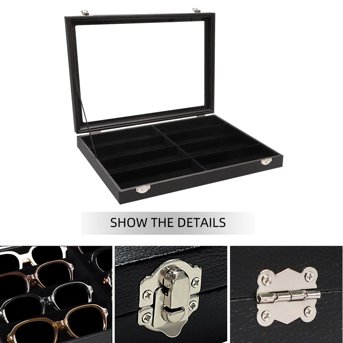 Wudygirl Jewelry and Sunglass Organizer - 8 Slot Storage With Clear Lid, Leather Eyeglasses Display for Women and Men (8 Grid)