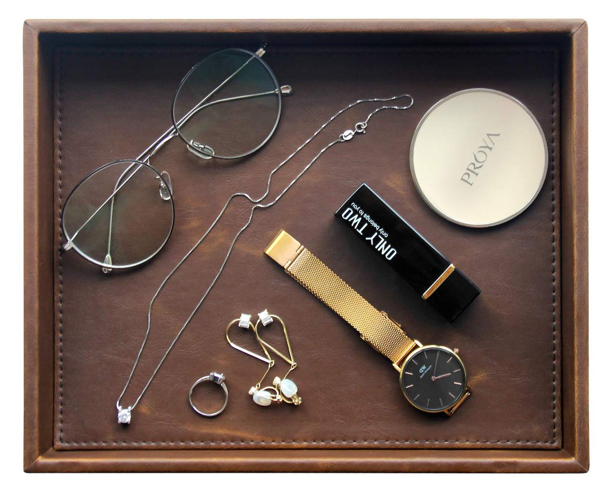 Vixdonos Leather Valet Tray Rectangular Catchall Tray Counter Organizer for Key,Jewelry,Perfume,Glasses and Watches(Brown)
