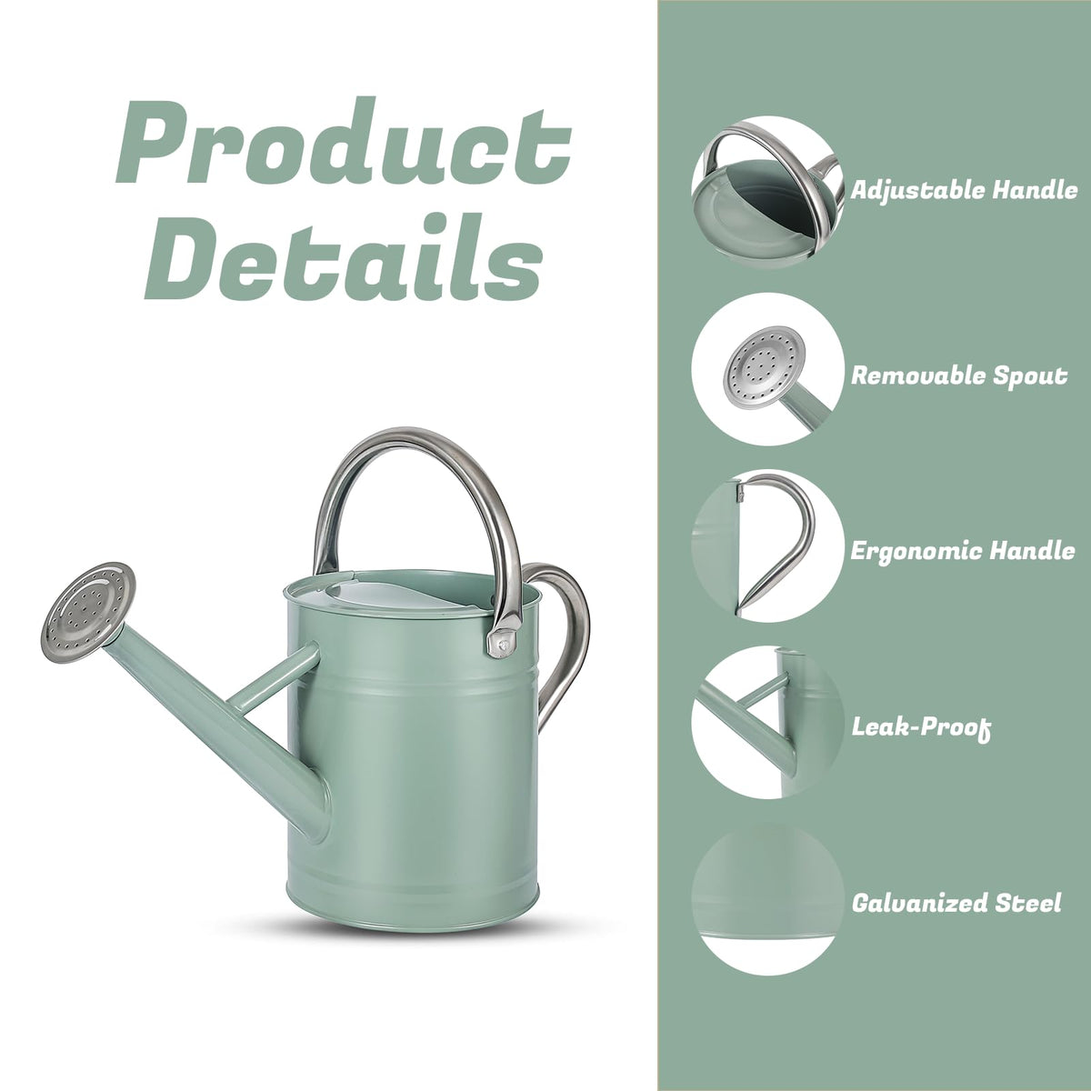 1 Gallon Watering Can for Plants, Watering Cans for Indoor&Outdoor Gardening, Galvanized Steel Watering Pot with Removable Spout, Metal Water Can with Ergonomic Movable Handle(Cream Green)