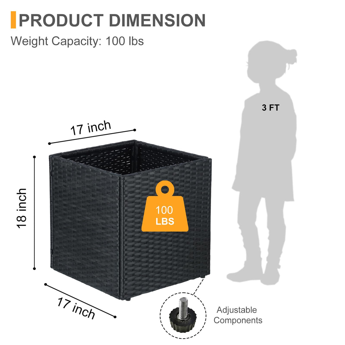 SUNNYPARK Black Square Planter Box All-Weather PE Rattan Large Modern Planters with Removable Liner Indoor Outdoor Decorative Flower Pot for Patio, Balcony, Garden