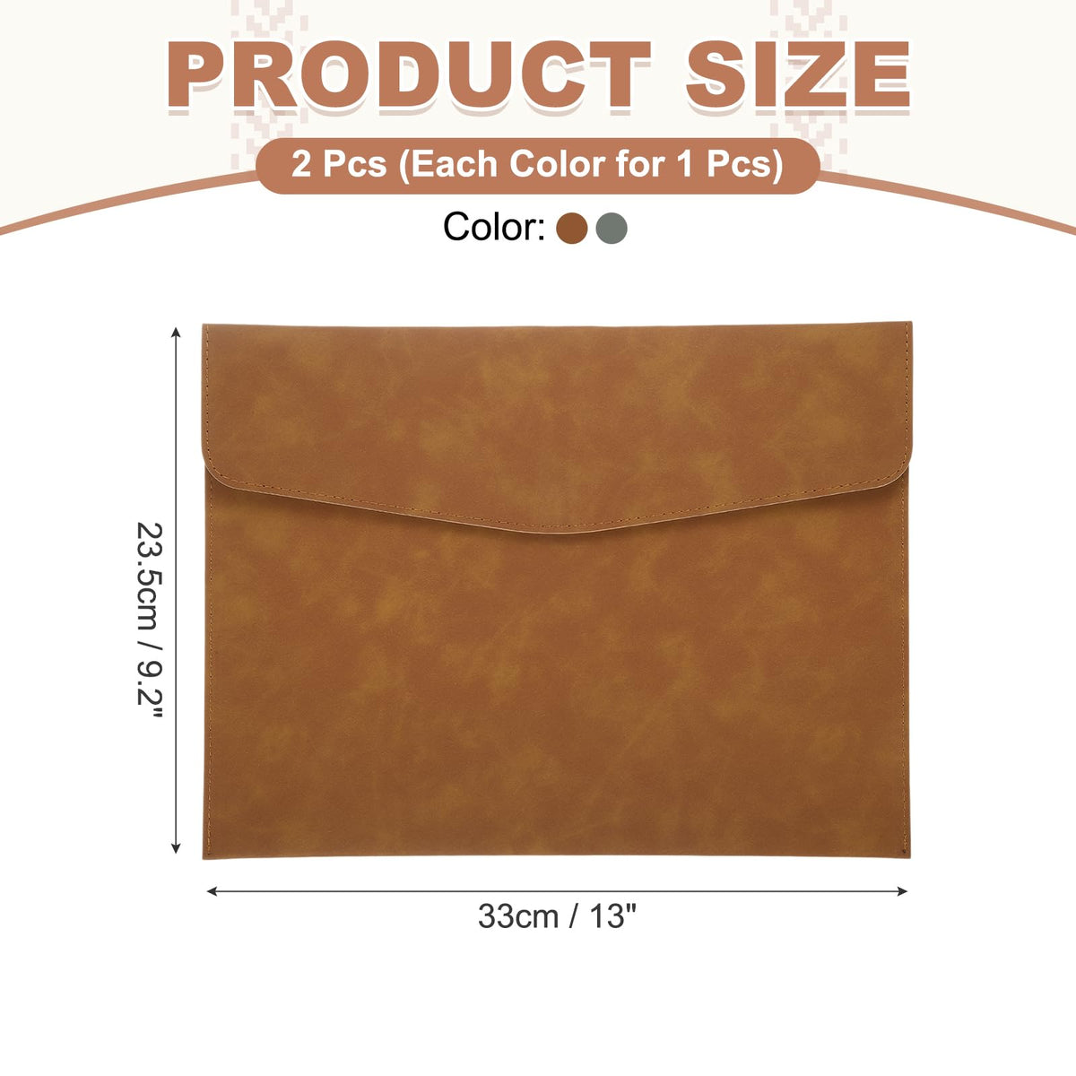 PATIKIL 2Pcs PU Leather File Folders, 13x9 A4 Document Holder Waterproof Envelope Folder with Snap Closure, Portable Portfolio Organizer Case for Paper Receipt, Brown/Gray