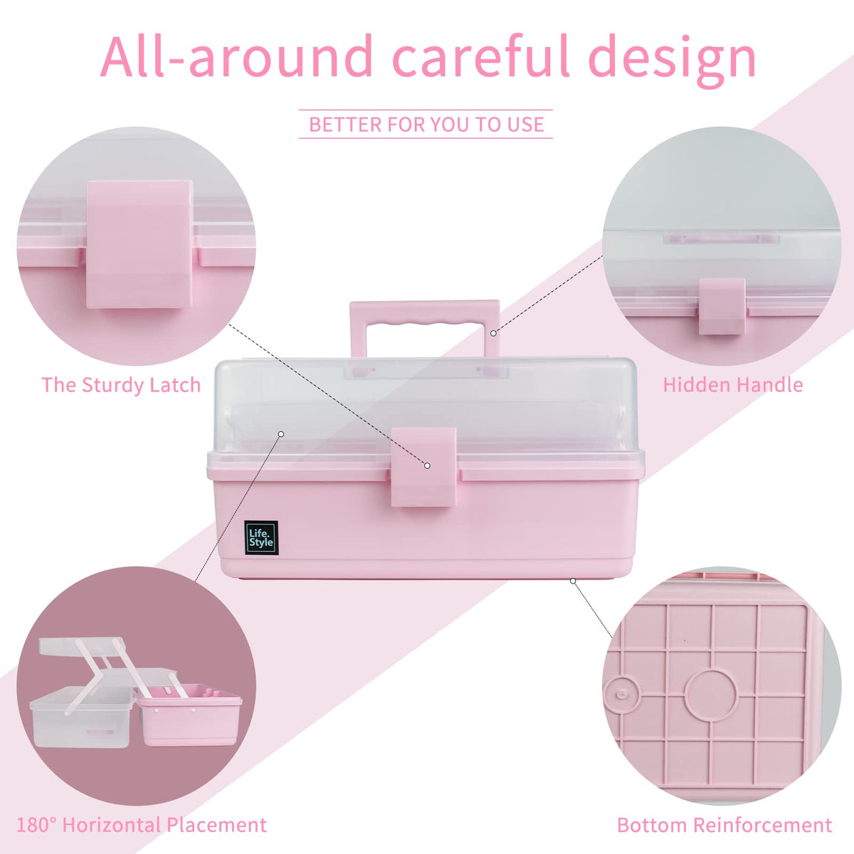Creahaus 13 inch Art Craft Organizer Storage Box with 3 Layer, Multipurpose Plastic Tool Box with Handle for Sewing, Art Supply, Medicine, Nail, Hair Accessories (Pink)