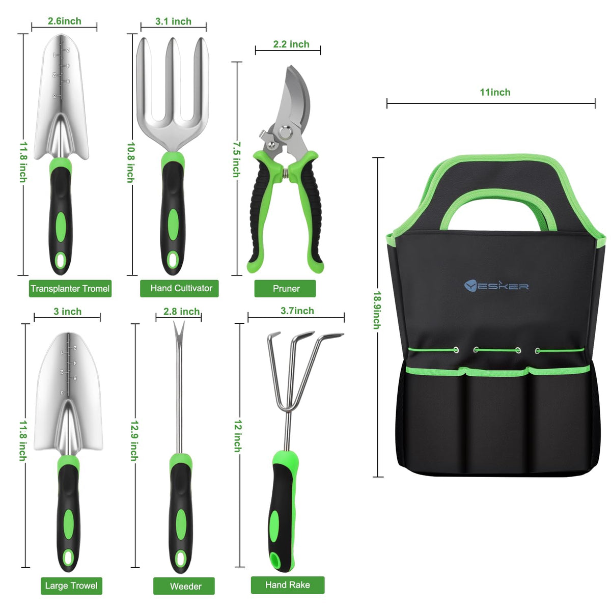 Yesker Gardening Tools 7-Piece Heavy Duty Garden Tool Set Gardening Supplies Gifts for Women Men Gardening Hand Tool Kit with Non-Slip Ergonomic Handle, Durable Garden Bag, Pruning Shears, Black Green