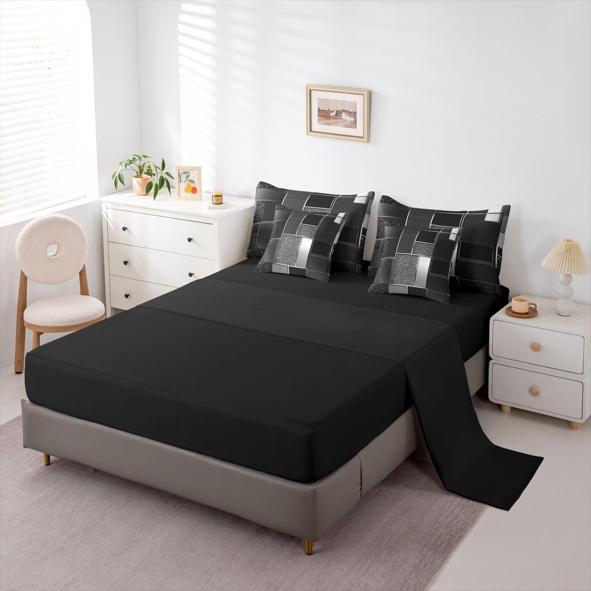 Feelyou Geometric Black Comforter Set with Sheets 7 Piece Full Size Modern Abstract Bed in a Bag Kids Boys Girls Metallic Print Geometric Bedding Set Bedroom Decor Breathable