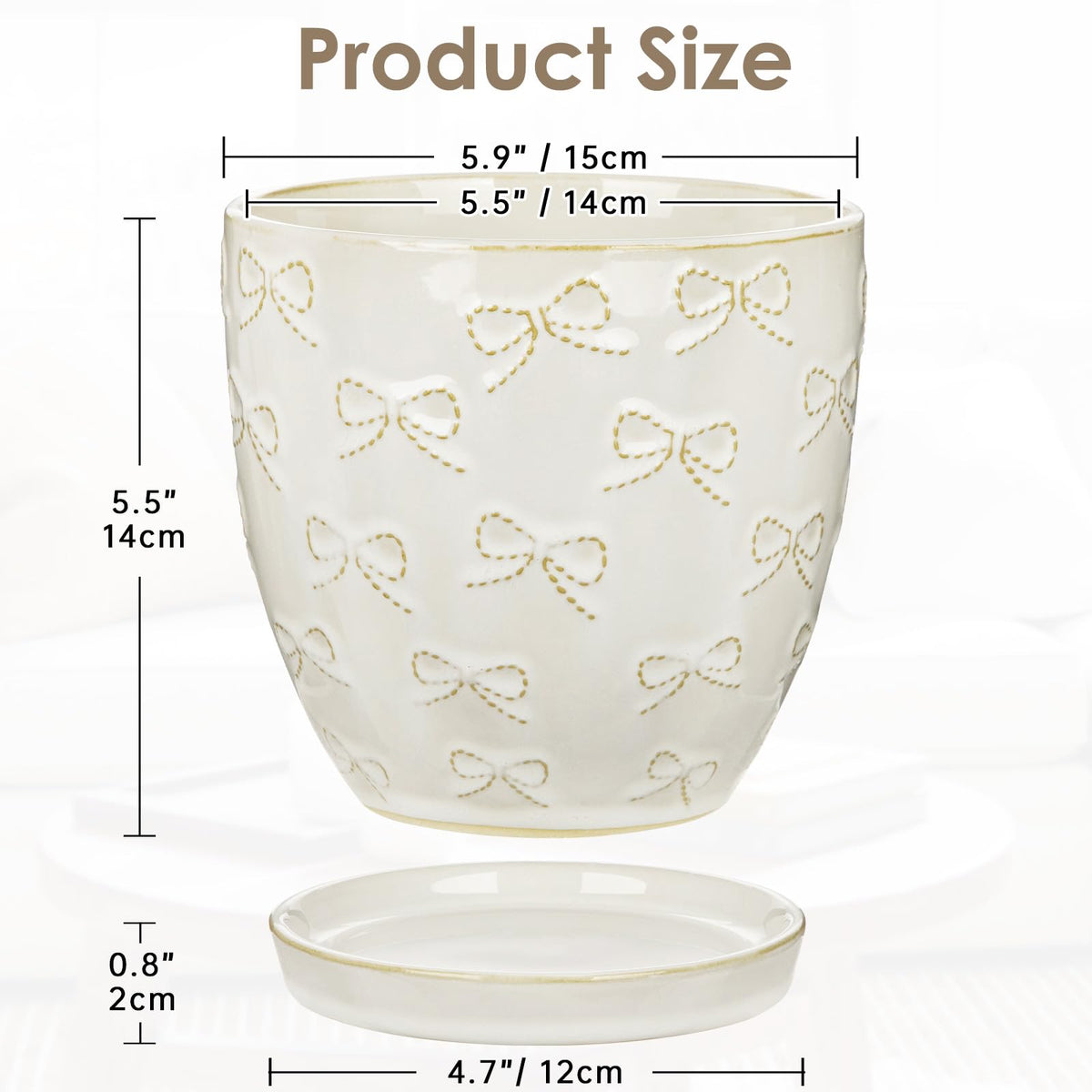 Hollyone 6 Inch White Ceramic Planter Flower Plant Pot with Drainage Hole and Saucer for Plants Embossed Indoor Outdoor Garden Embossed Ceramic Glazed Round Pot for Succulent Orchid Bow Pattern