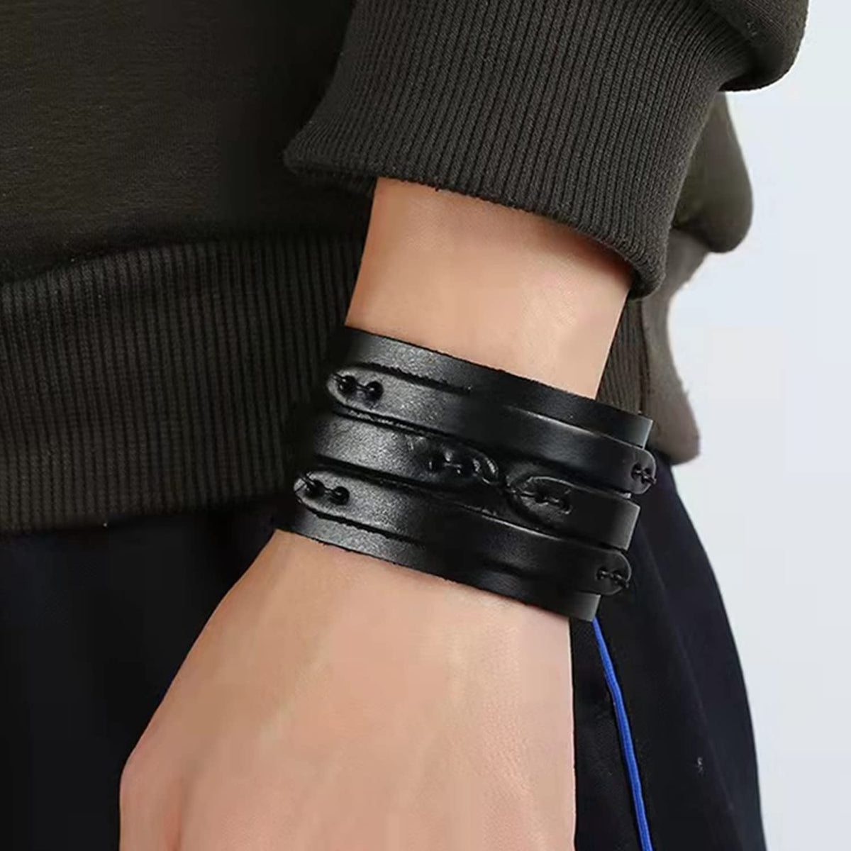 NIGHTCRUZ Punk Leather Cuff Bracelet, 2PCS Vintage Leather Wristband for Men Women