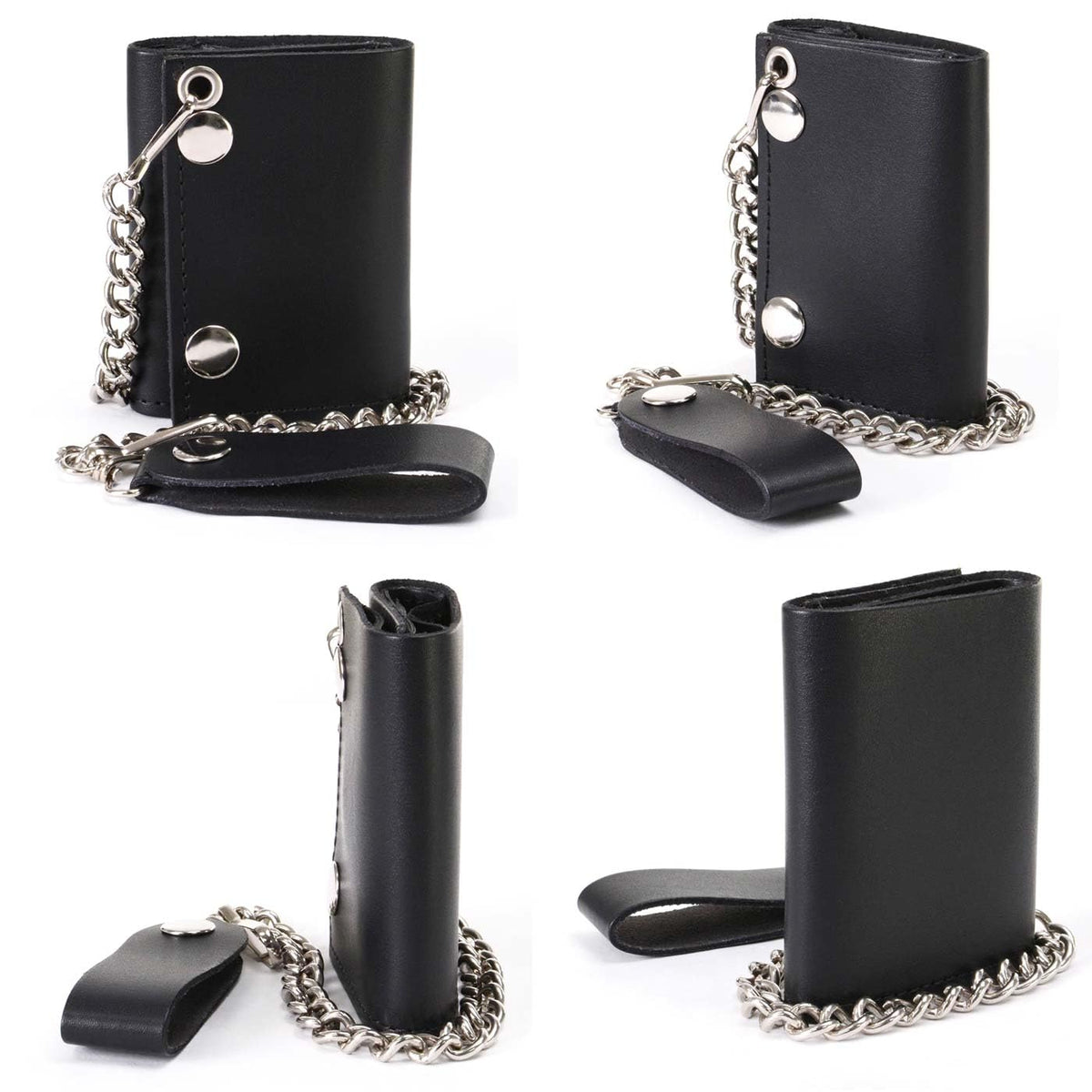 Milwaukee Leather MLW7831 Men's 4" Classic Black Plain Genuine Leather Tri-Fold Biker Wallet w/Anti-Theft Stainless Steel Chain - One Size