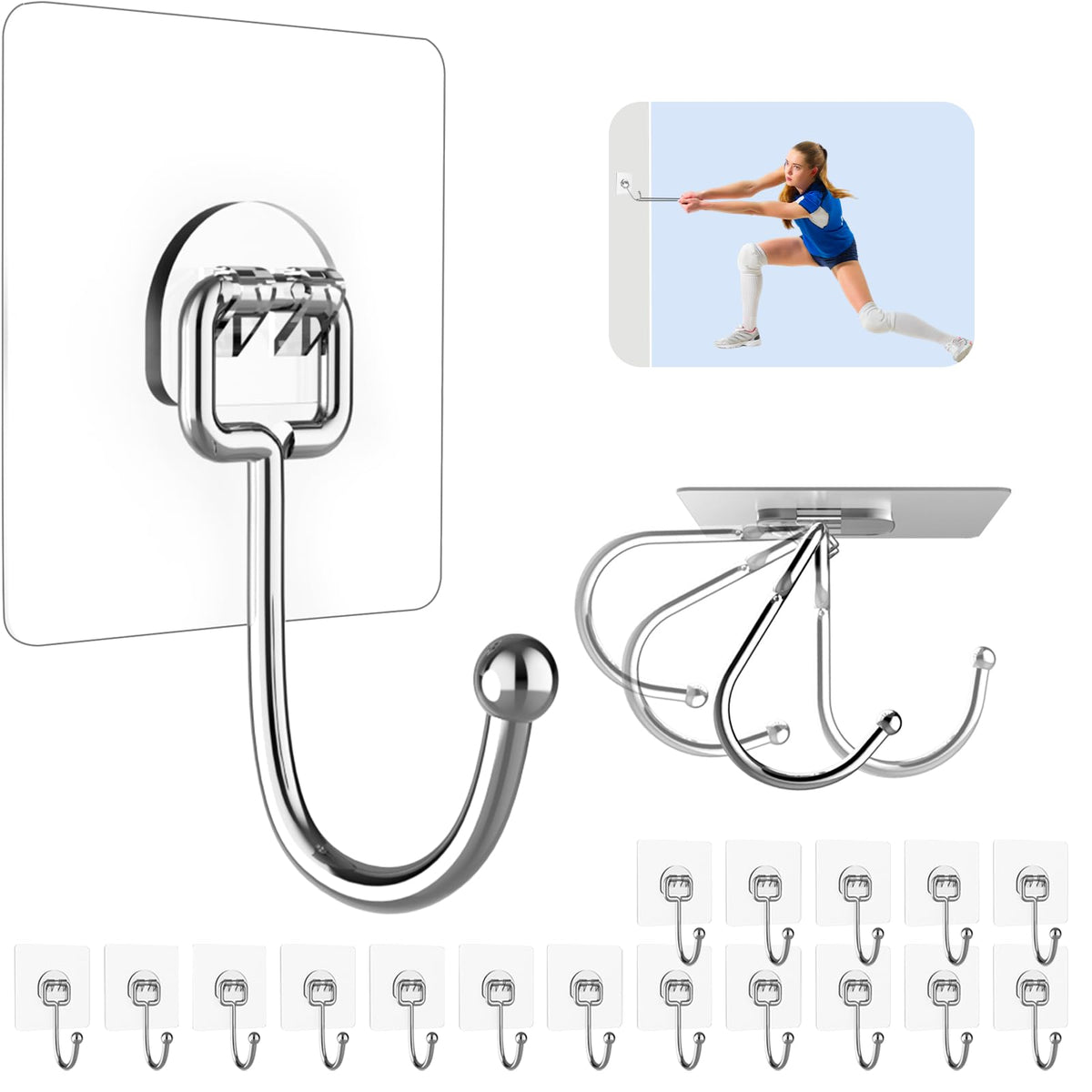 Strjobaili 20 Pack Large Adhesive Hooks for Hanging Heavy Duty 44 lb(Max), Self Adhesive Sticky Hooks Waterproof Stainless Steel Wall Hook for Home Bathroom Shower Kitchen Outdoor Utility Hooks