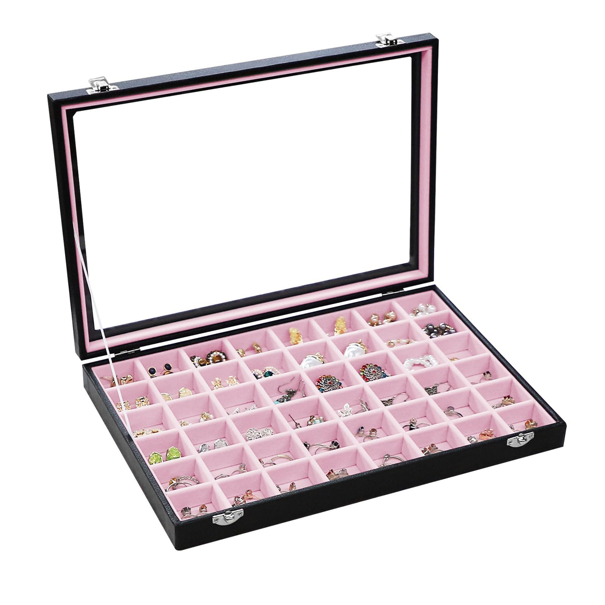 Stratalife Jewelry Organizer 48 Grid Jewelry Tray with Clear Lid Dust-proof Velvet Earring Organizer Necklace Rings Holder Display Drawer Storage Case for Women Pink Black
