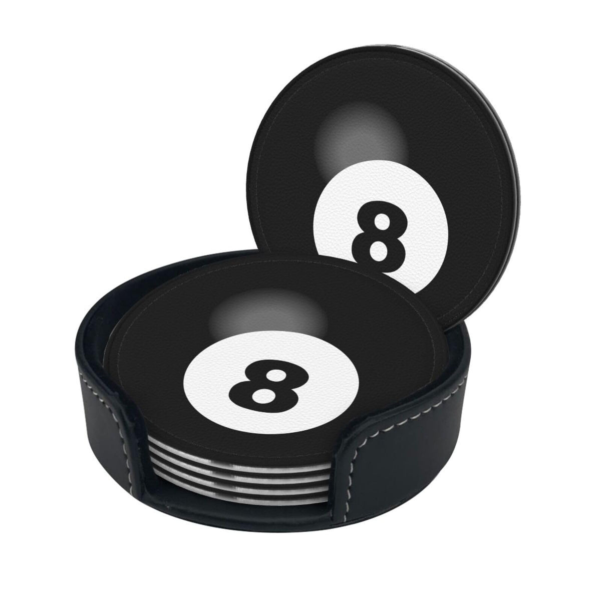 BOXIMIAO Drink Coasters with Holder Stand Set of 6, Billiard Ball Black 8 Pu Leather Absorbent Coasters with Cork Base Table Coaster Round Coasters for Housewarming Apartment Kitchen Bar Decor