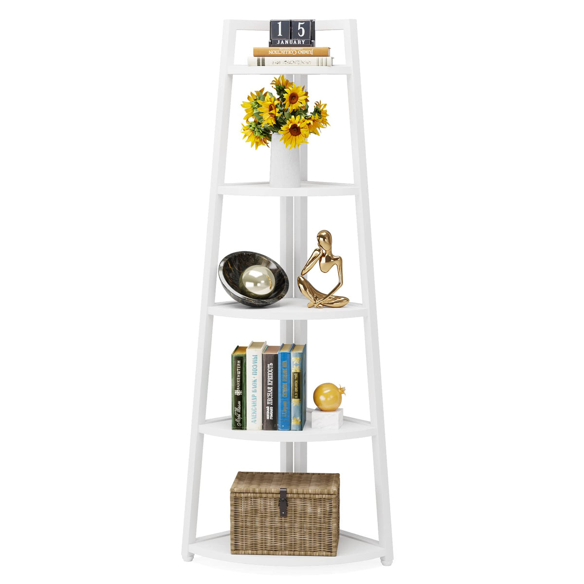 Tribesigns 70 inch Tall Corner Shelf, 5 Tier Modern Corner Bookshelf Bookcase Industrial Corner Ladder Shelf Plant Stand for Living Room, Kitchen, Home Office (White)