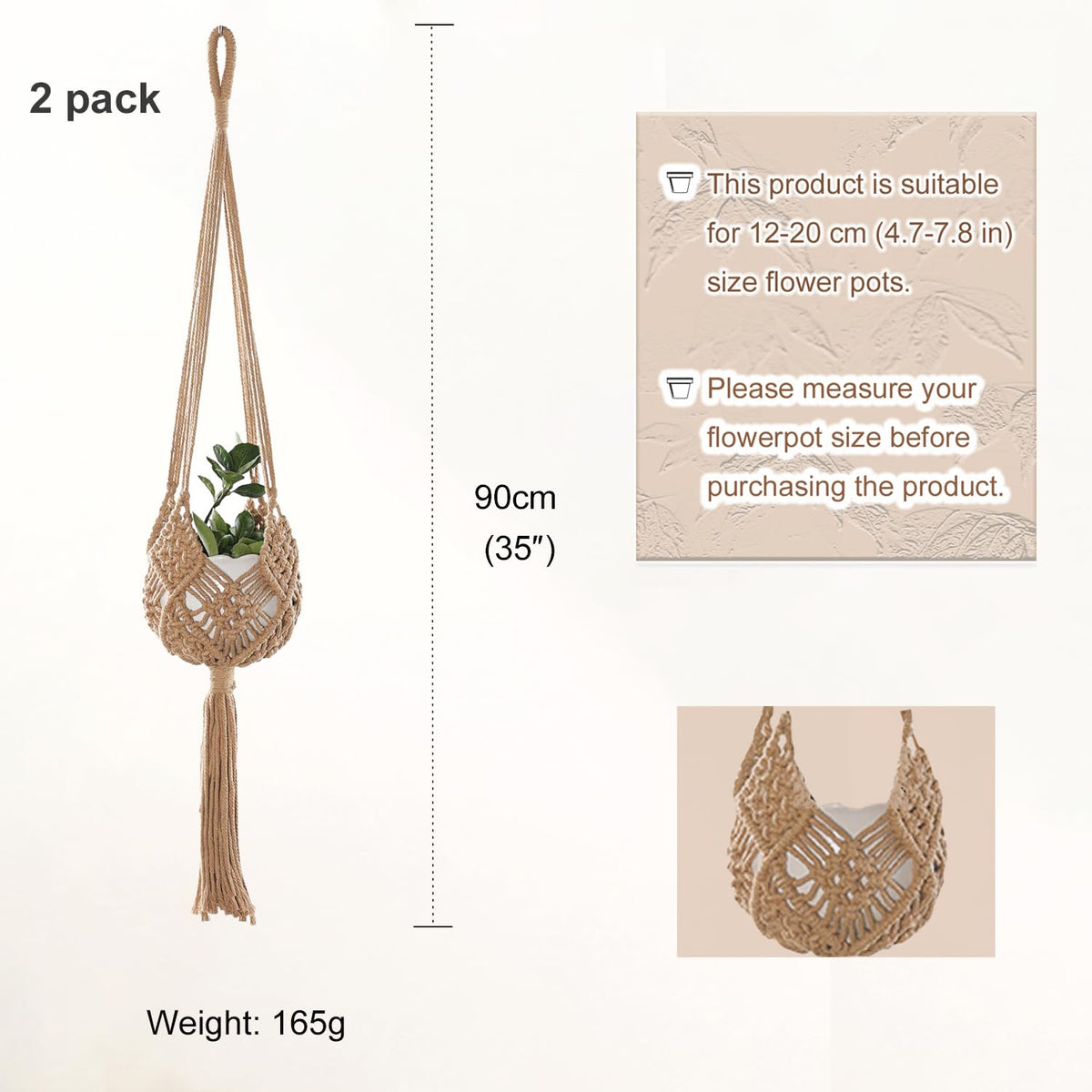 zuduoeoa 2-Pack Macrame Plant Hangers, Jute Hanging Planters for Indoor Plants for up to 8 Inch Pot Hanging Baskets Boho Plant Holder Basket for Outdoor Home, Handwoven, 35 Inchs