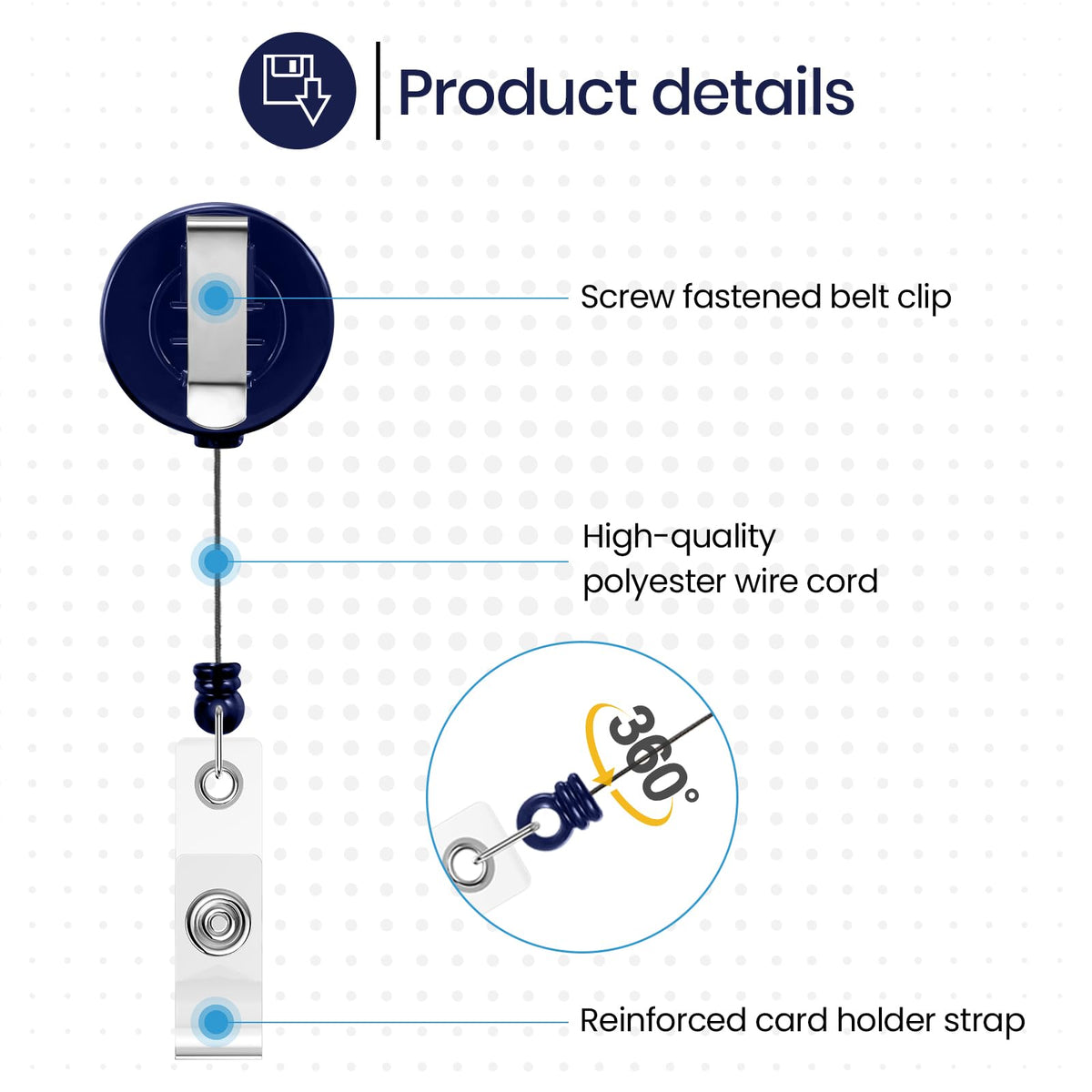 Zonon 100 Pcs Retractable Badge Reel Clips ID Card Holder Reel with Metal Belt Clip for Hanging Cards Key Chains, Name Badge Holders for Nurses Teachers Students (Dark Blue)